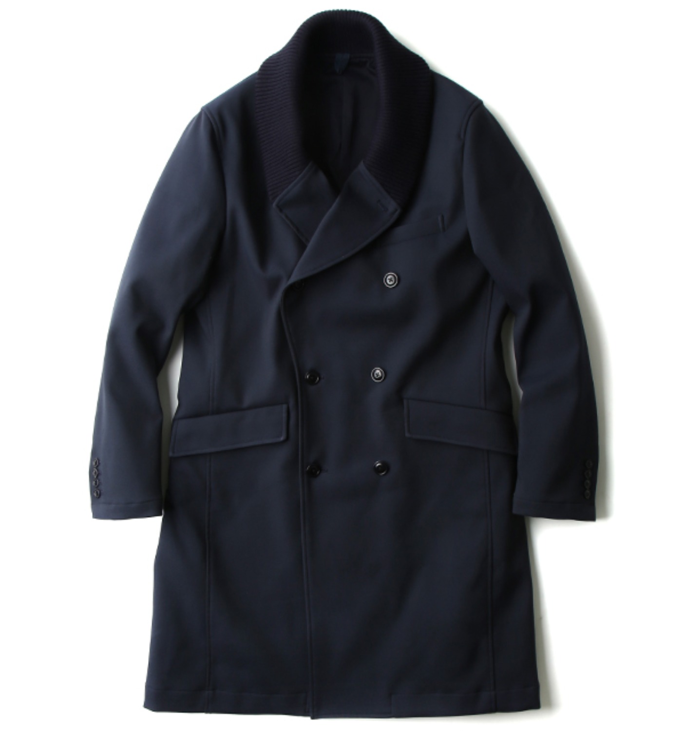 KNIT COLLAR DOUBLE-BRREASTED CHESTERFIELD COAT NAVY(KT37DC02)
