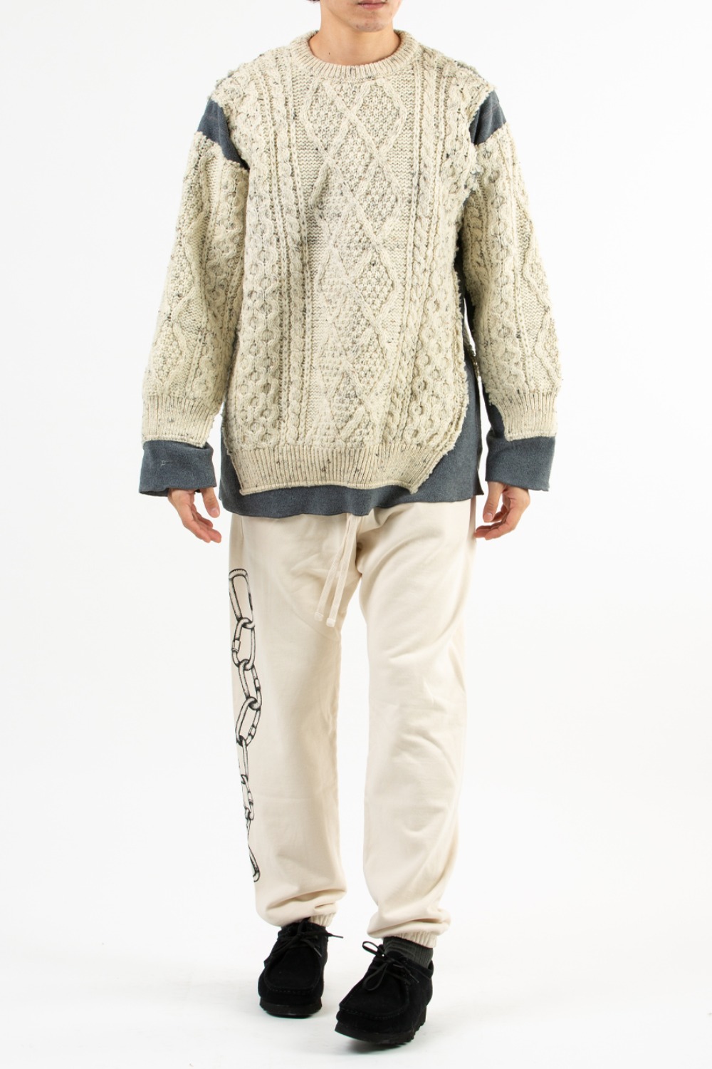 REBUILD BY NEEDLES FISHERMAN SWEATER -&gt; COVERED SWEATER GREY L