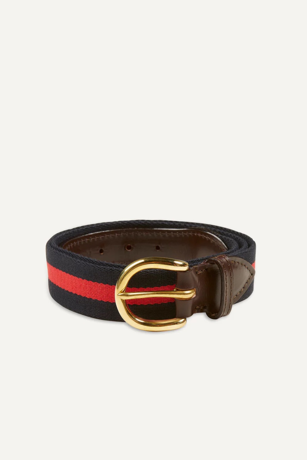 NAVY AND RED STRIPE WEBBING AND LEATHER BELT WITH BRASS BUCKLE