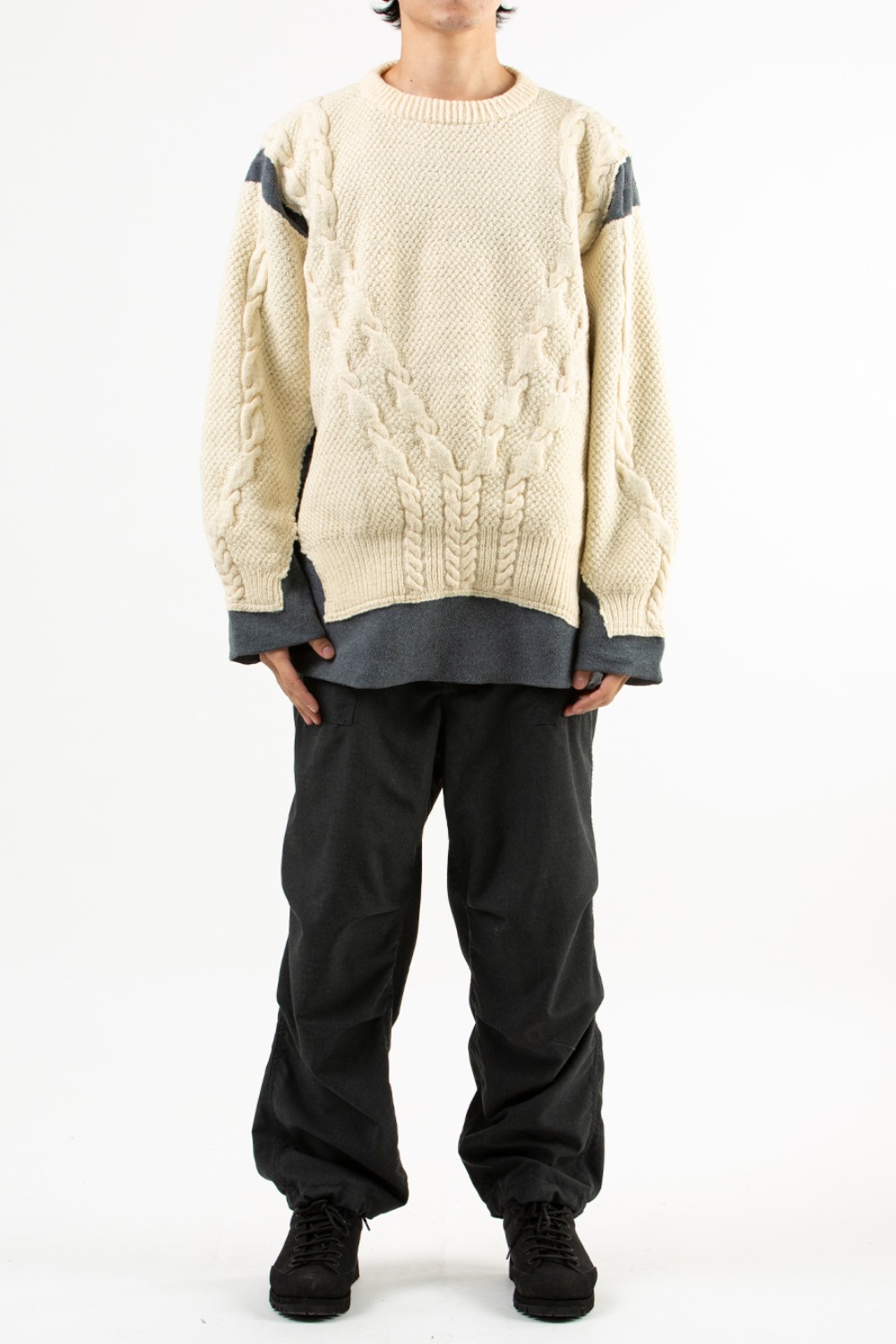 REBUILD BY NEEDLES FISHERMAN SWEATER -&gt; COVERED SWEATER GREY XL