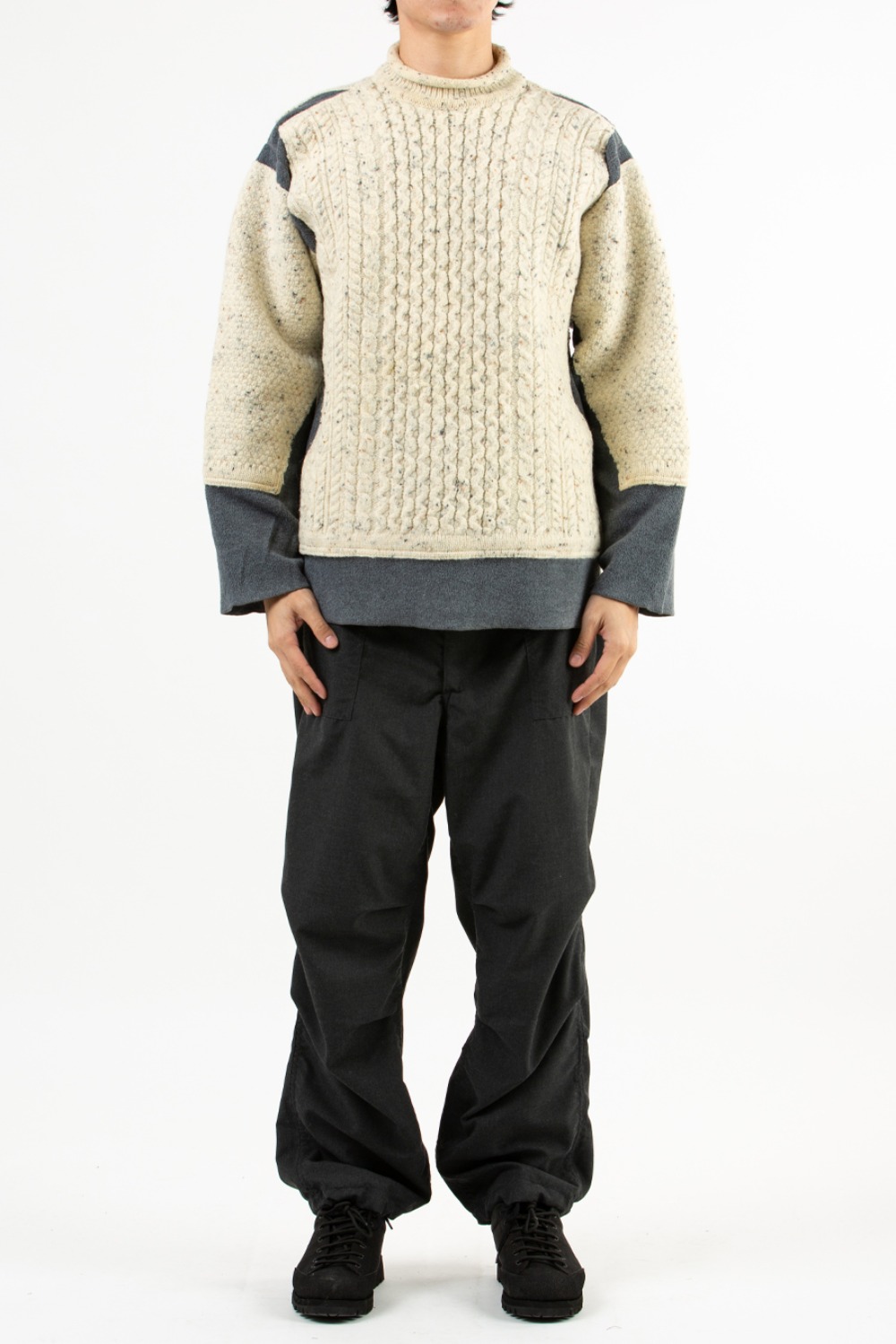 REBUILD BY NEEDLES FISHERMAN SWEATER -&gt; COVERED SWEATER GREY M