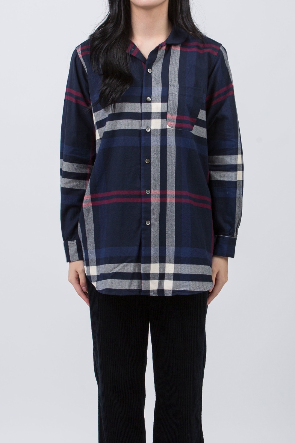 (23FW)  ROUNDED COLLAR SHIRT NAVY/RED COTTON BIG PLAID FLANNEL