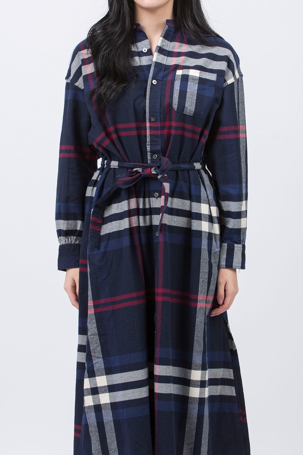 (23FW) BANDED COLLAR DRESS NAVY/RED COTTON BIG PLAID FLANNEL