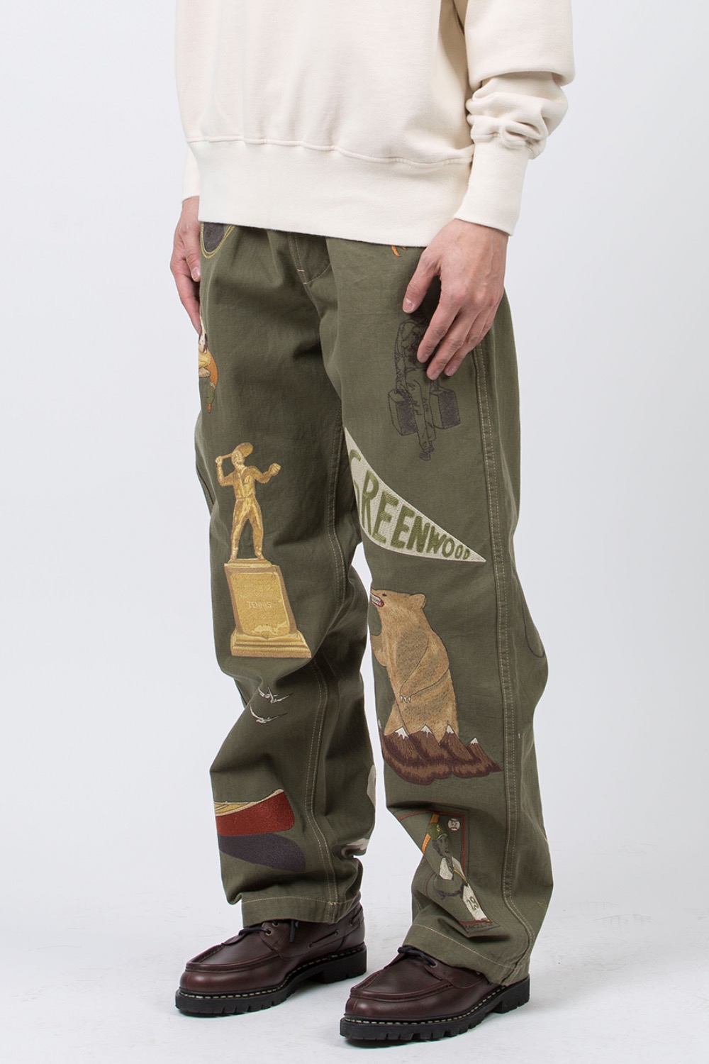 (24SS) [RESTOCK] HERRINGBONE PANT WITH MULTI EMBROIDERY ARMY GREEN